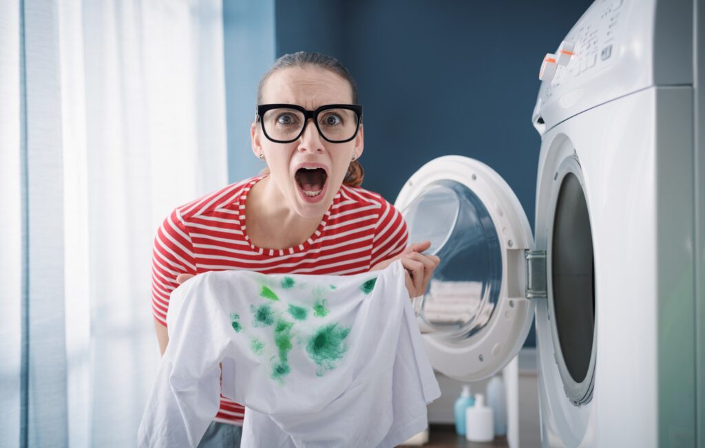 Young woman and laundry problems