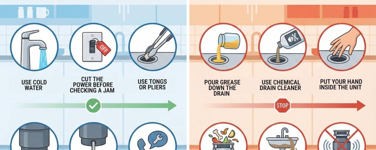 Visual guide showing proper and improper items for garbage disposal use highlighting best practices
