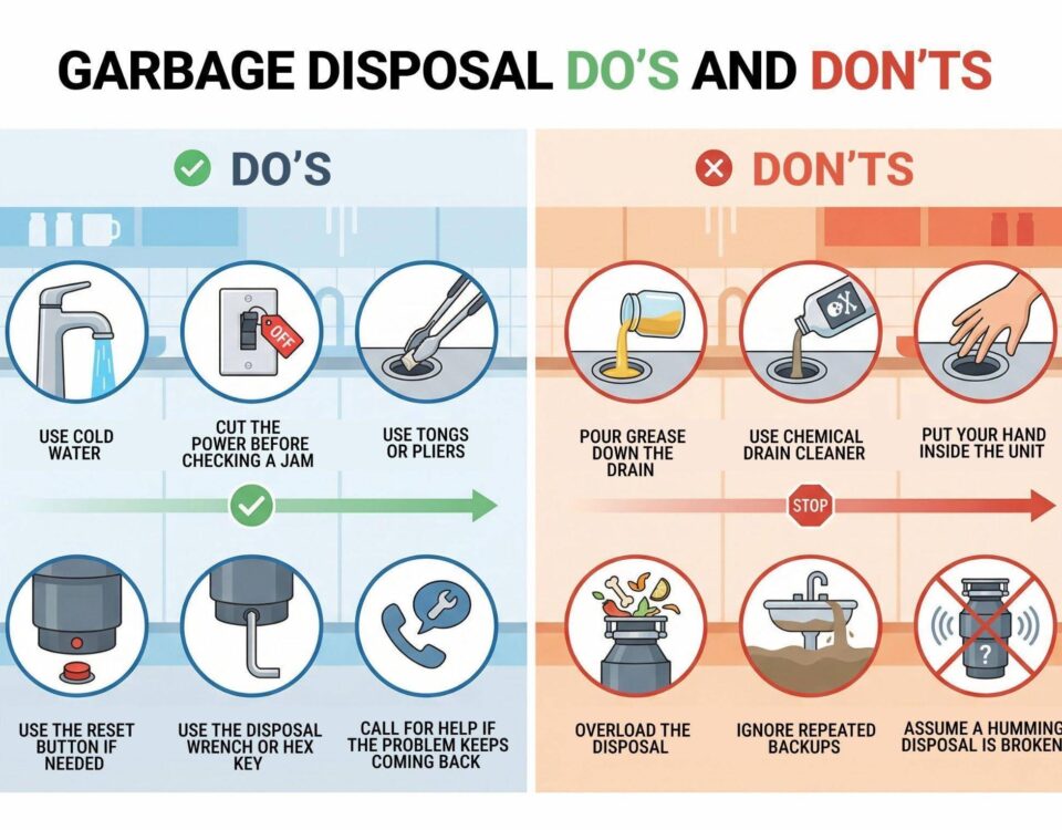 Visual guide showing proper and improper items for garbage disposal use highlighting best practices