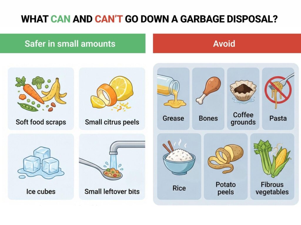 A list of tasks and benefits associated with using a garbage disposal unit in kitchen settings