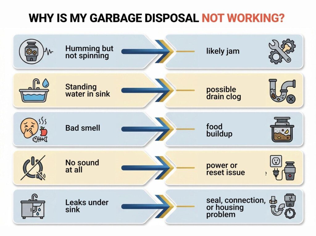 Visual of a kitchen sink with a garbage disposal highlighting issues causing it to not work